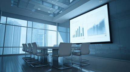 Empty modern office boardroom with large projection screen showing charts, sleek corporate settingv