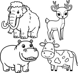 Cute Cartoon Animals Outline Set – Mammoth, Deer, Cow, and Hippo Coloring Page Illustration