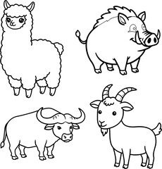 Cute Cartoon Farm Animals Outline Set – Alpaca, Wild Boar, Goat, and Buffalo Coloring Page Illustration
