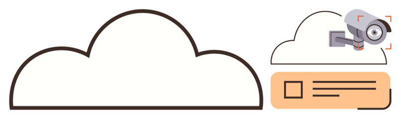 Cloud outline connected to a security camera and notification panel. Ideal for cybersecurity, cloud storage, surveillance, data monitoring, online security, smart systems, simple flat metaphor