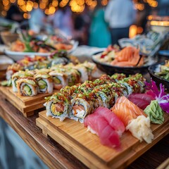 Fototapeta premium Vibrant Sushi Platter Display with Fresh Ingredients and Colorful Garnishes at Social Gathering Event