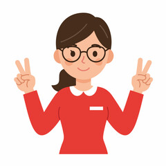 A woman wearing glasses and a red shirt is holding up two fingers on each hand in a peace sign.