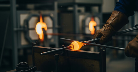 Technician shaping molten glass A skilled artisan at work in a glassblowing studio, creating art