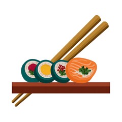 Colorful Sushi Rolls with Chopsticks on Wooden Serving Board
