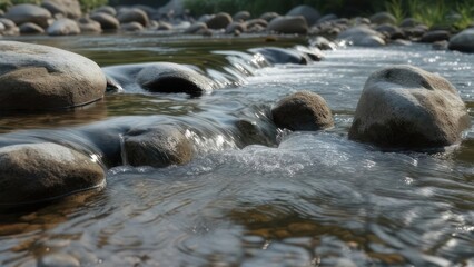 Shallow river flows over smooth rocks