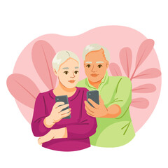 Obraz premium Elderly couple holding smartphones, modern flat style, pink abstract background, concept of senior technology use. Vector illustration