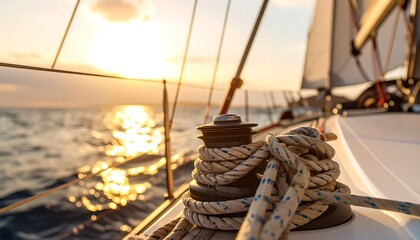 Sailing sunset, close-up rigging