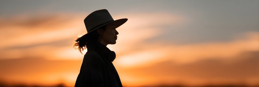 A silhouette of an elegant woman in a hat standing in profile during a golden hour sunset