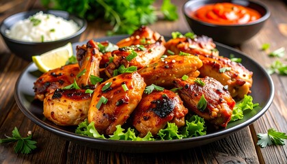 Grilled chicken wings with a sweet and spicy glaze, served on a plate with fresh lettuce and a side of rice and sauce