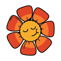Cheerful cartoon-style flower with a smiling face and vibrant orange petals on a white background. Concept of happiness and positivity. Vector illustration