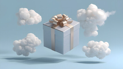 A gift box with a gold ribbon floats amidst fluffy white clouds against a light blue background.
