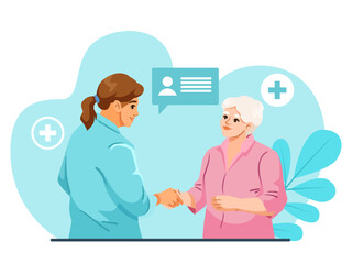 Female doctor and senior woman shaking hands in hospital environment, flat cartoon style, blue background, concept of healthcare support. Vector illustration