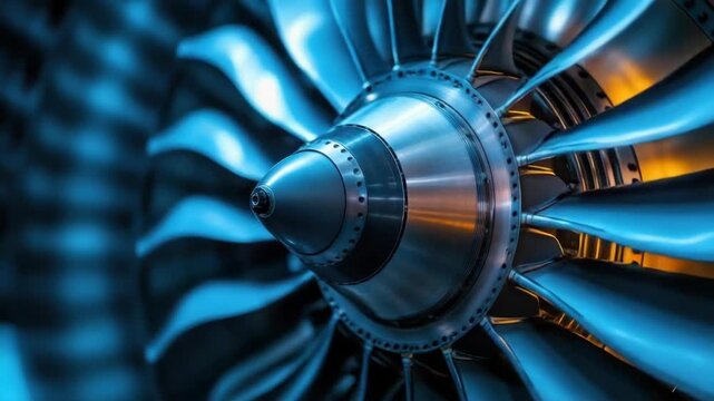 Detailed view of a turbine engine with curved blades
