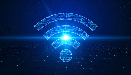 Wireless internet connection concept with neon Wi-Fi icon and network mesh.