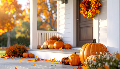 A suburban house exterior decorated with pumpkins and autumn leaves on the porch, warm seasonal lighting