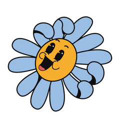 Smiling cartoon flower with blue petals and happy facial expression on white background. Concept of joy and positivity. Vector illustration