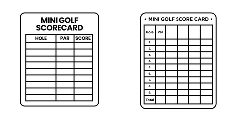 Sporting documents vector set showcasing two different mini golf scorecard templates, designed for tracking hole-by-hole scores, par, and total points, ideal for recreational activity guides.