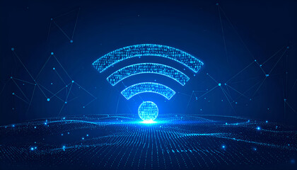 Futuristic Wi-Fi sign glowing in blue light on abstract digital background.