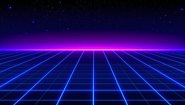 Retro futuristic neon grid landscape glowing under a purple horizon with starry night sky, synthwave vaporwave cyberpunk background.