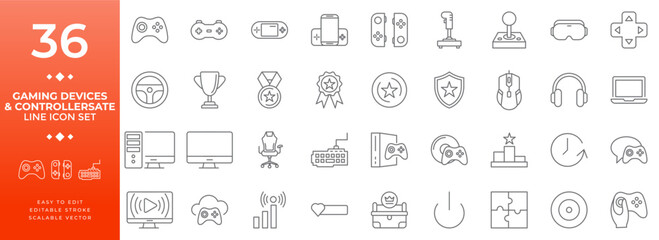 Modern line icon set of gaming devices and controllers, featuring a collection of video game hardware, accessories, and player achievements like trophies and medals, perfect for apps and websites.
