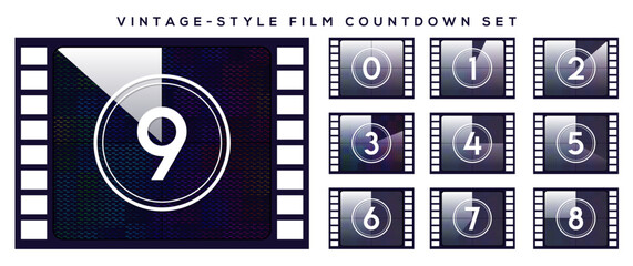 Elegant vector illustration set of vintage-inspired film countdown frames collection presents countdown numerals perfectly suited for contemporary video introductions and graphic design