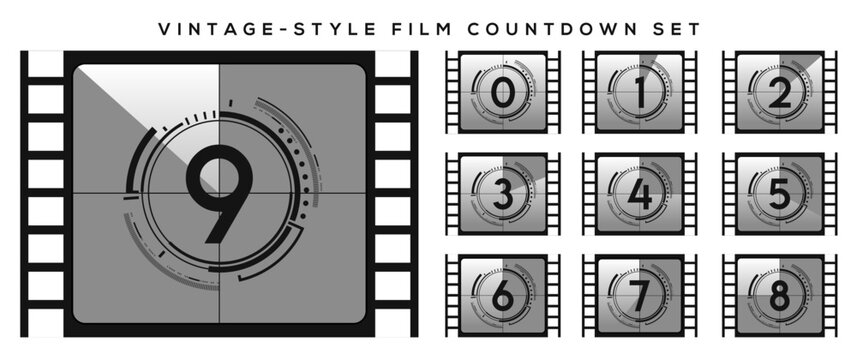 Nostalgic vector illustration set of vintage-style film countdown frames, showcasing classic cinematic reel designs.monochrome collection features countdown numbers ideal for graphic design projects
