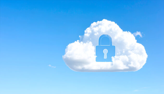 Cloud storage security concept with padlock icon in sky, symbol of safe online data.