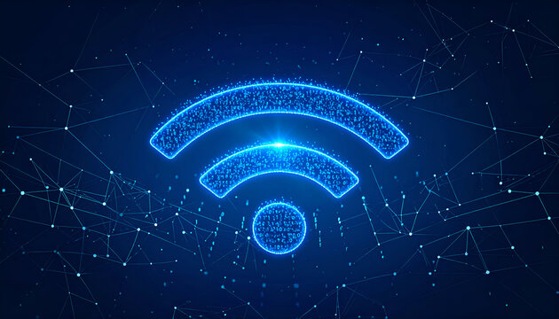 Modern Wi-Fi network icon glowing in neon blue on a polygonal mesh background. - Powered by Adobe