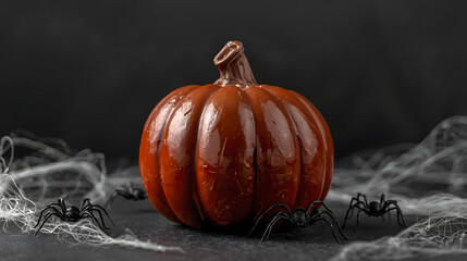 A small pumpkin sits surrounded by spiderwebs and plastic spiders on a dark surface, evoking a Halloween theme.