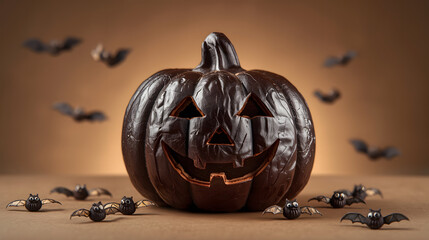 A dark chocolate jack-o'-lantern surrounded by Halloween bats and small black candies on a muted brown background.