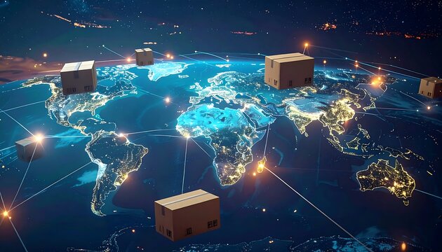 Conceptual image showing global shipping with boxes floating over a glowing Earth. Lines connect the packages to depict worldwide distribution