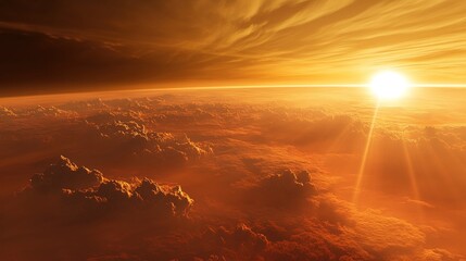 Titanâ€™s hazy orange atmosphere seen from orbit, thick clouds obscuring the surface below, sunlight scattering softly. 
