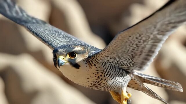Close-up of a peregrine falcon in flight