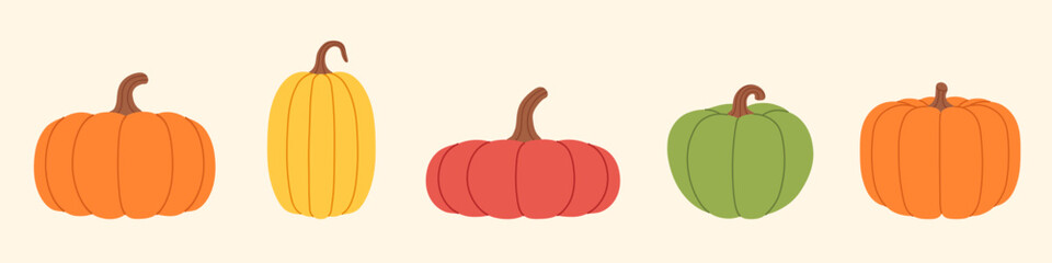 Collection of colorful pumpkins and squashes. Fall Vector Set. Isolated background. For Halloween, Thanksgiving, pattern, banner, packaging, card, autumn, harvest, seasonal, kids design. Hand drawn.