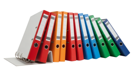 Dynamic Stack of Colorful Office Binders Angled Organization and Data Management. clipping path, Business concept, PNG, graphic resources