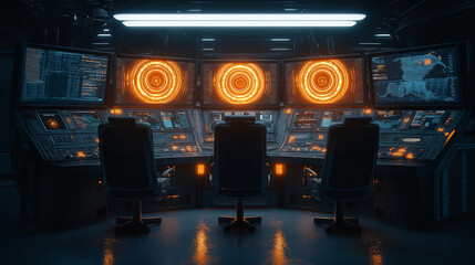 Futuristic control room with glowing holographic displays, dark cinematic lighting