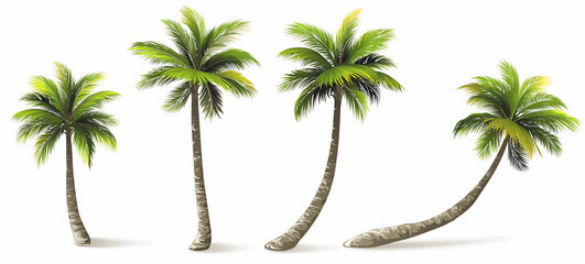 Collection of four distinct palm trees showcasing varying heights and curved trunks set against a clean white background	