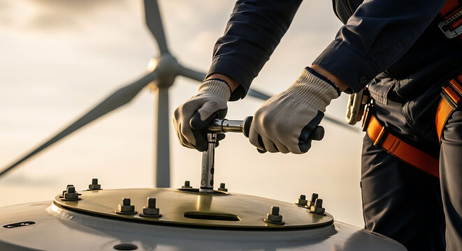 Technician working on a wind turbine, repairing and maintaining renewable energy equipment
