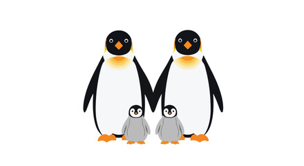 Naklejka premium Whimsical penguin family illustration featuring adult penguins holding flippers with their young chicks in a minimalist style