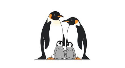 Fototapeta premium Heartwarming penguin family illustration featuring two adult penguins and their two adorable fluffy chicks standing together in unity