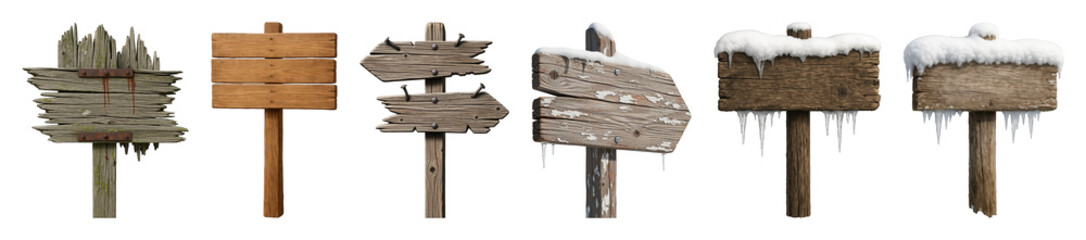 Fototapeta premium Wooden sign set including rustic, distressed, arrow, and snow-covered styles isolated. Directional markers and winter design elements.