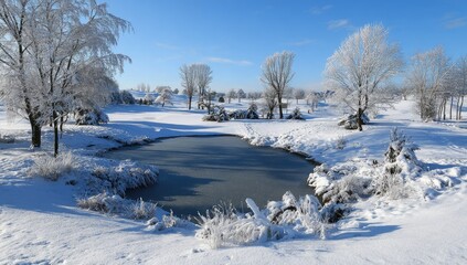 Fototapeta premium A serene winter scene unfolds a snow-covered golf course with a partially frozen pond reflecting the bright sunlight; frost-laden trees line the landscape under a clear blue sky
