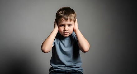 Angry Little Boy Covering Ears on Gray Background