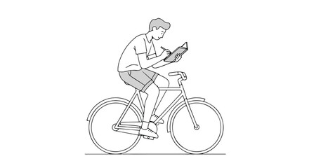 Naklejka premium Concept illustrating a young man pausing on his bicycle to jot down ideas or observations into a personal journal notebook sketch