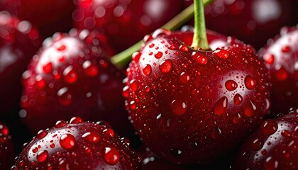 Closeup of Red Cherries with Water Droplets