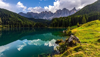 Serene alpine lake reflecting mountains