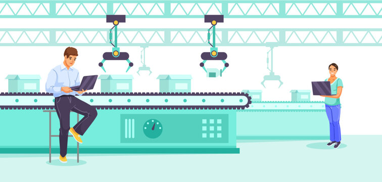 Two engineers with laptops observing robotic arms over conveyor belts in a smart factory, flat style, on white background. Concept of automation. Vector illustration