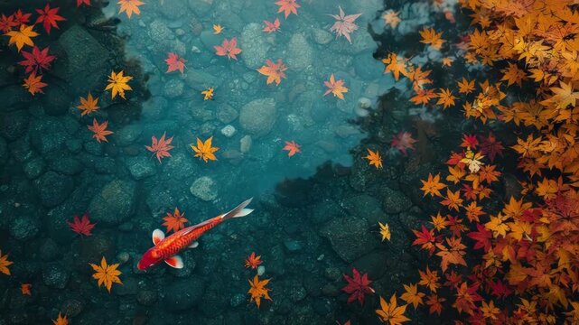 Koi swims in clear water among autumn leaves and dark river stones