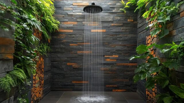 Lush, modern shower stall with waterfall showerhead and living wall