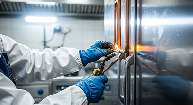 Technician Repairing Commercial Refrigerator Unit with Blowtorch in a Restaurant Kitchen Environment
